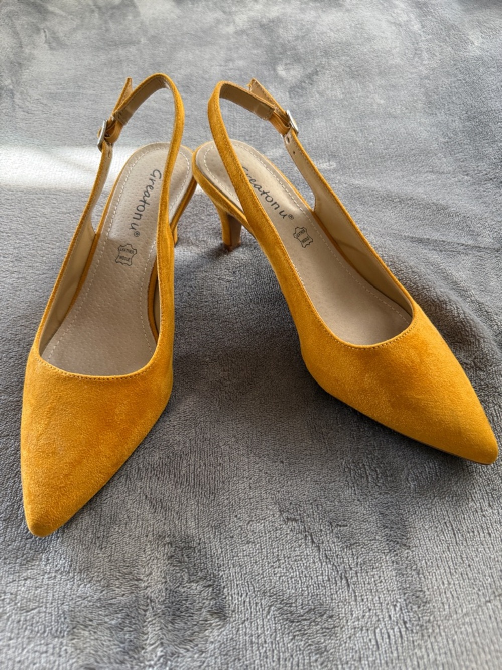 Greatonu Mustard Suede Pointed Slingback Heels